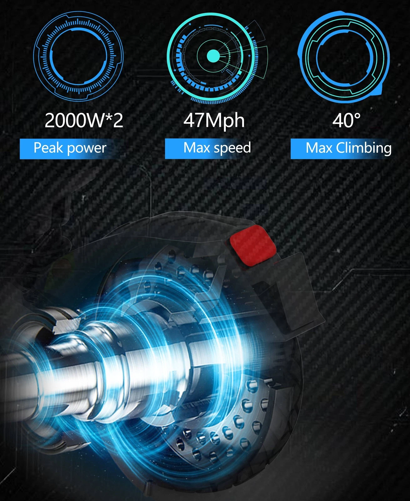 DriveTron Nova hub motor illustration: 2000W × 2 peak, 47 mph, 40° climbing