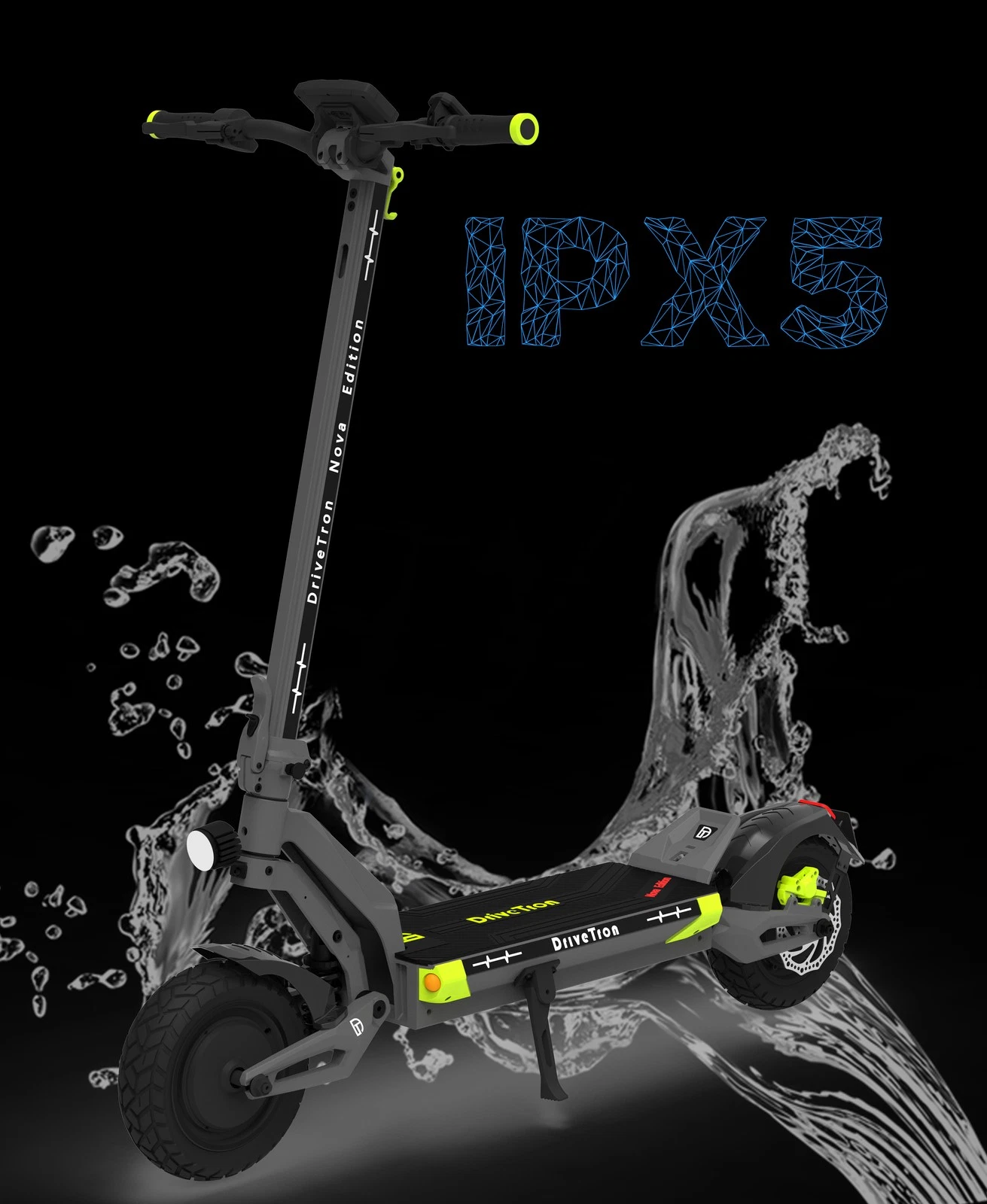 DriveTron Nova electric scooter splashed with water, IPX5 rated
