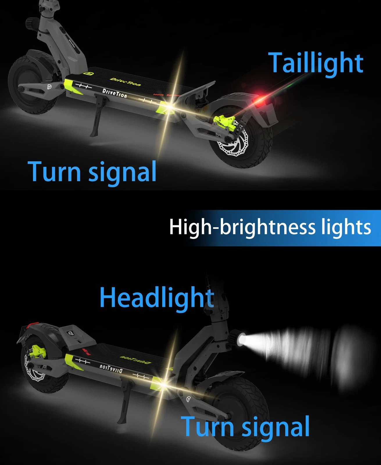 DriveTron Nova headlight, taillight, and turn signals lit at night