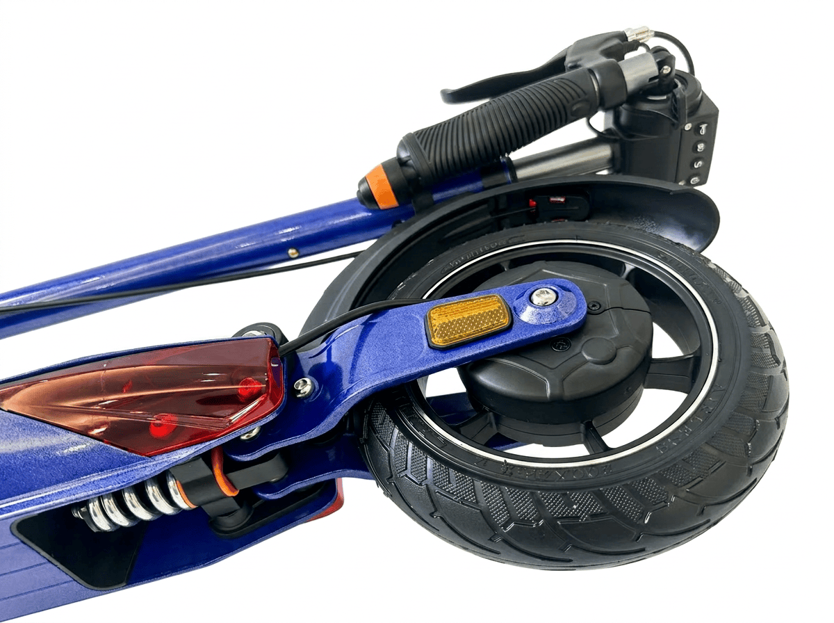 Rear drum brake on the Midnight Blue electric scooter