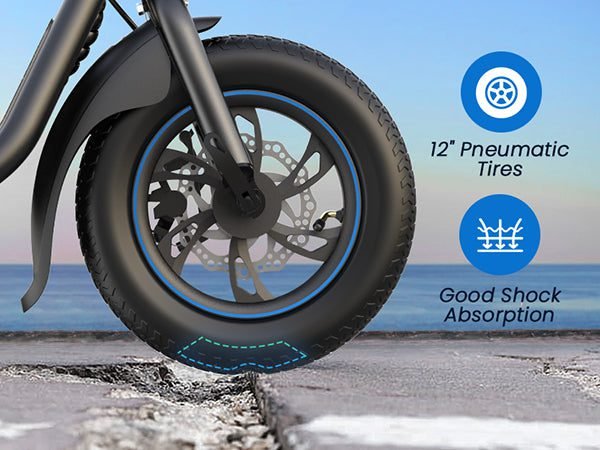 12-inch air-filled front tire on a cracked road