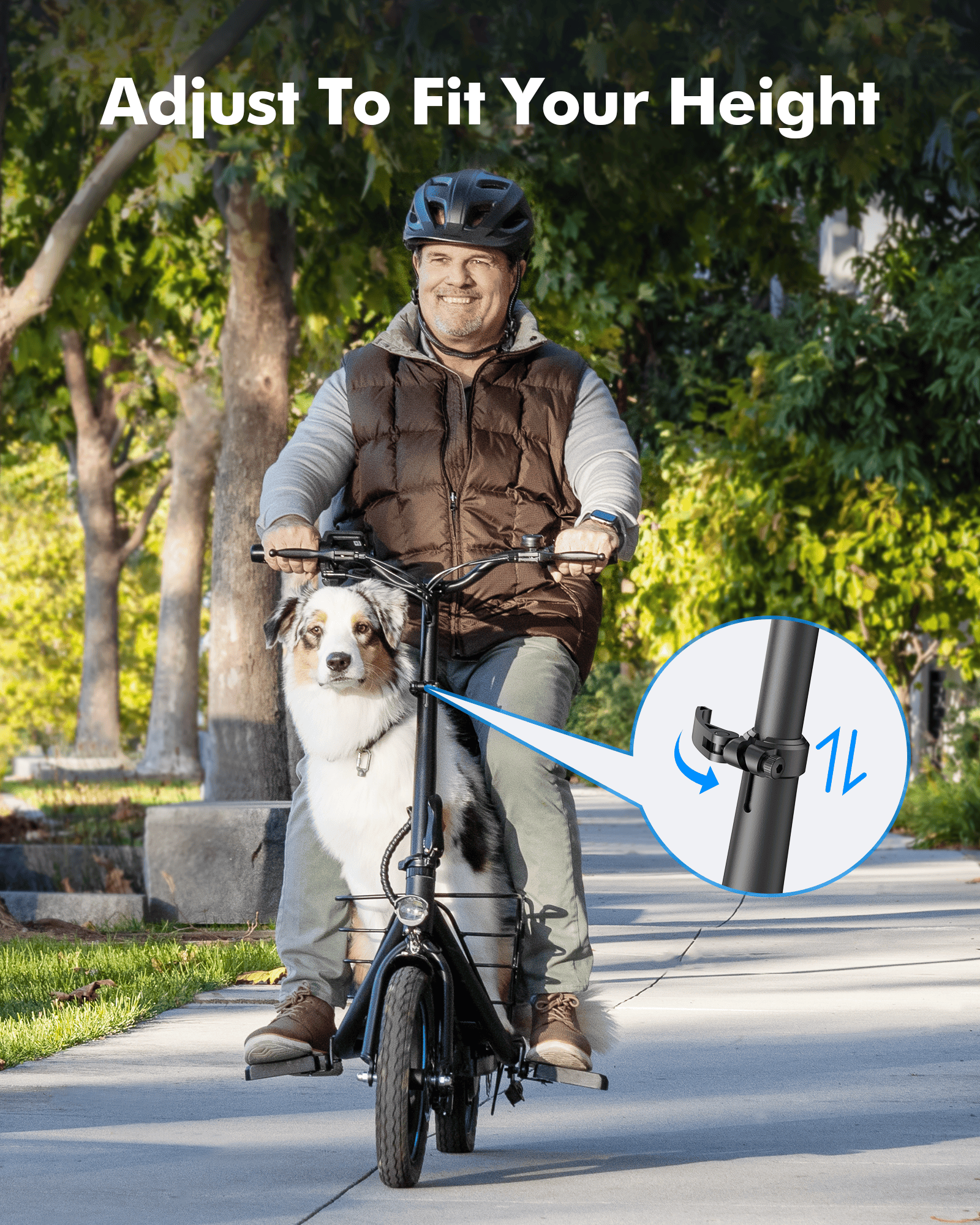 Rider and dog on a Gyroor C1 Plus with an adjustable handlebar