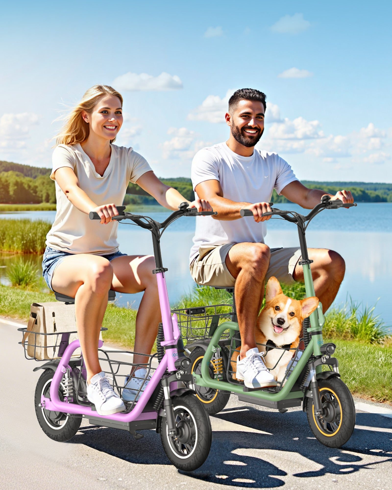 Two riders with a dog in the front basket