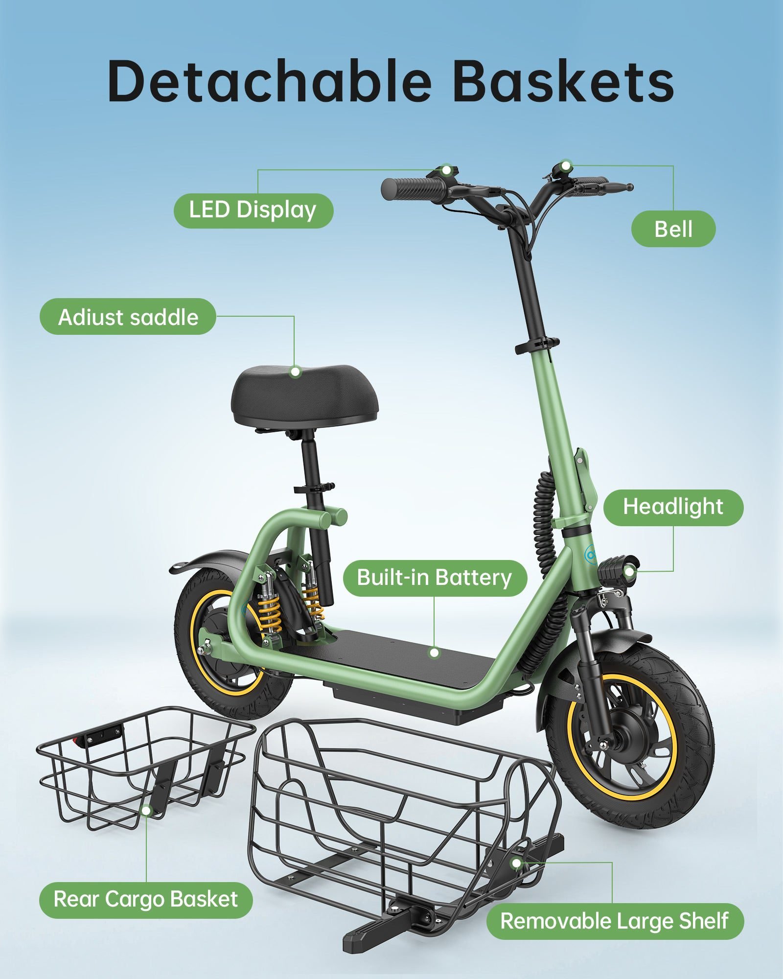 Display, seat, bell, headlight and battery