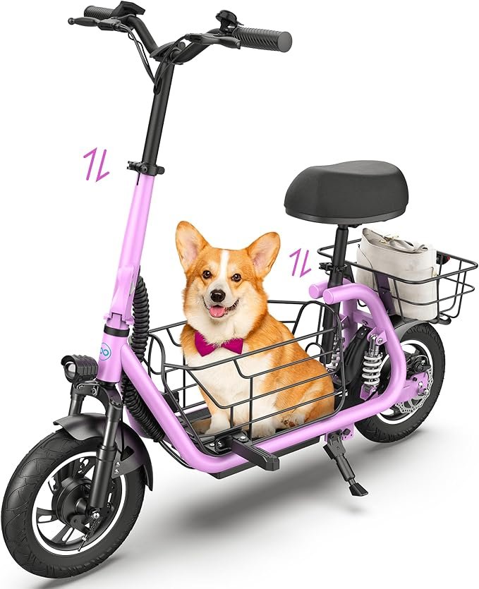 Gyroor C1 Pro in pink with a dog in the basket
