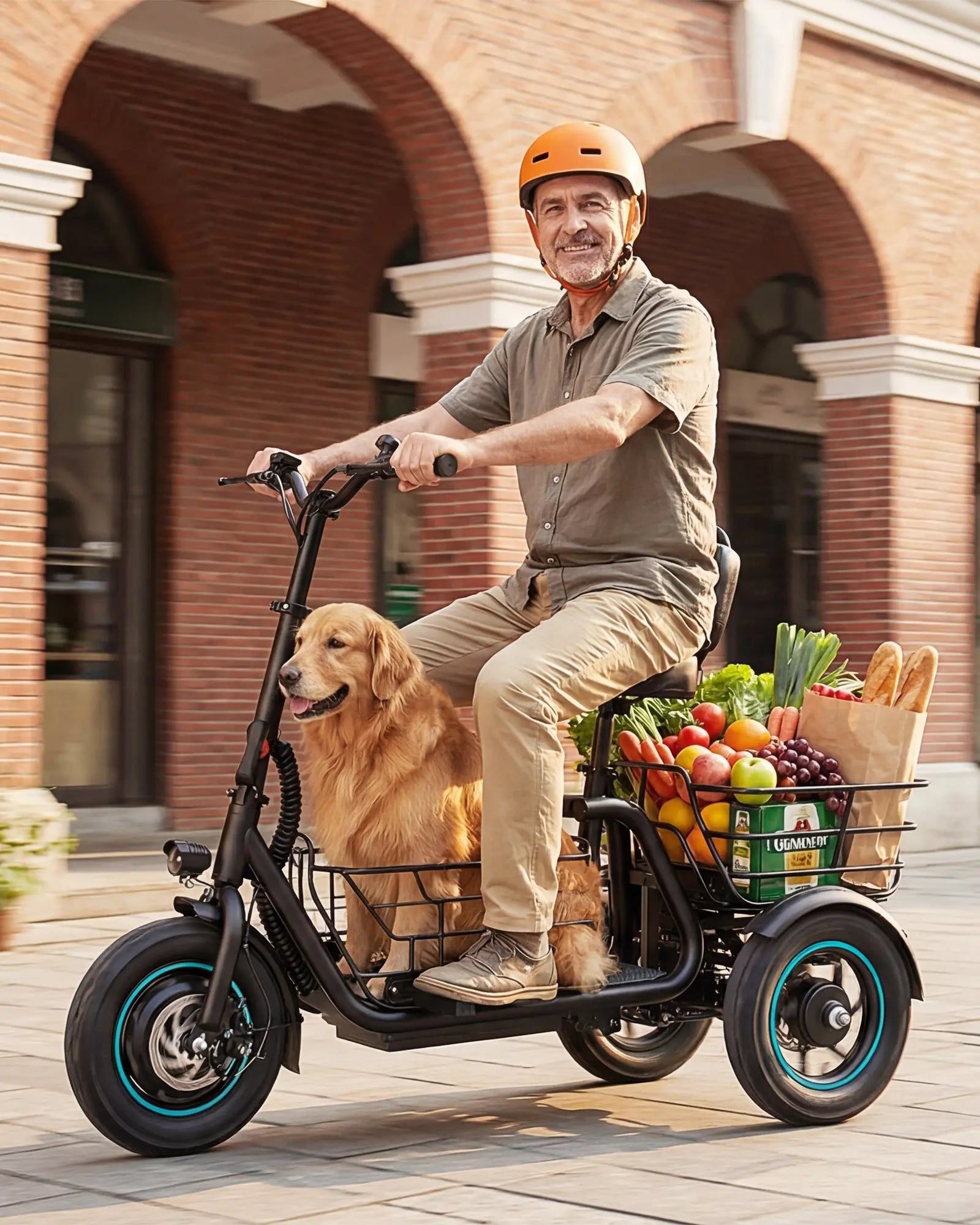 Rider on the Gyroor C5 electric trike with a dog and groceries