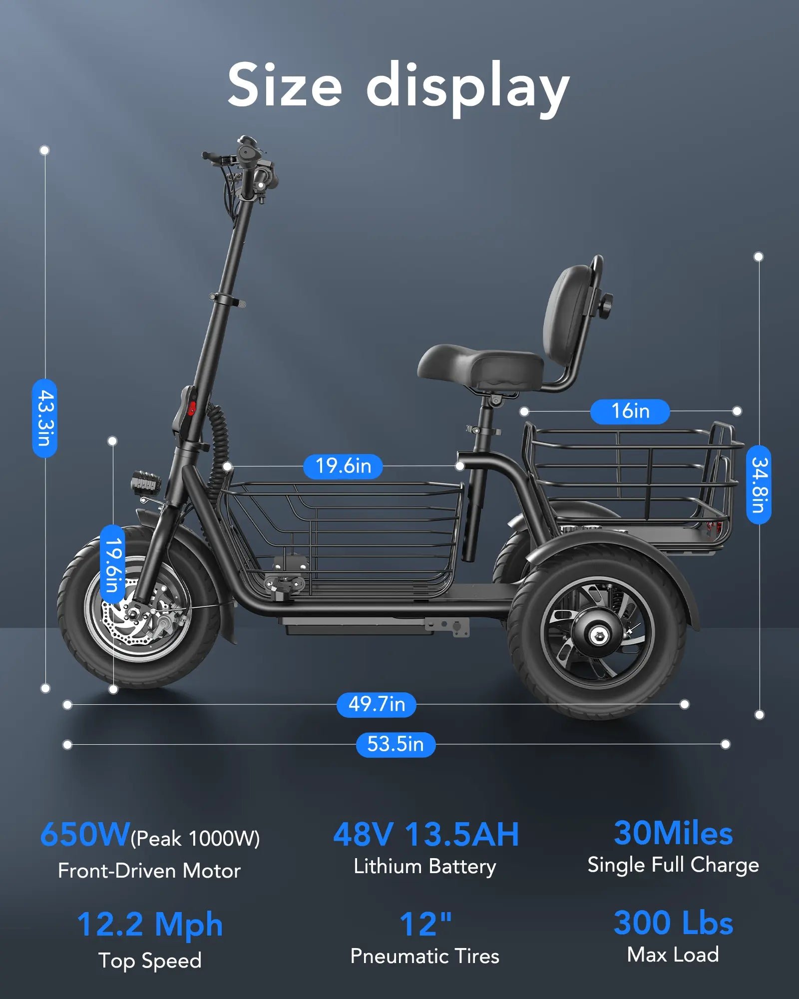 Gyroor C5 electric trike size chart with motor and battery figures