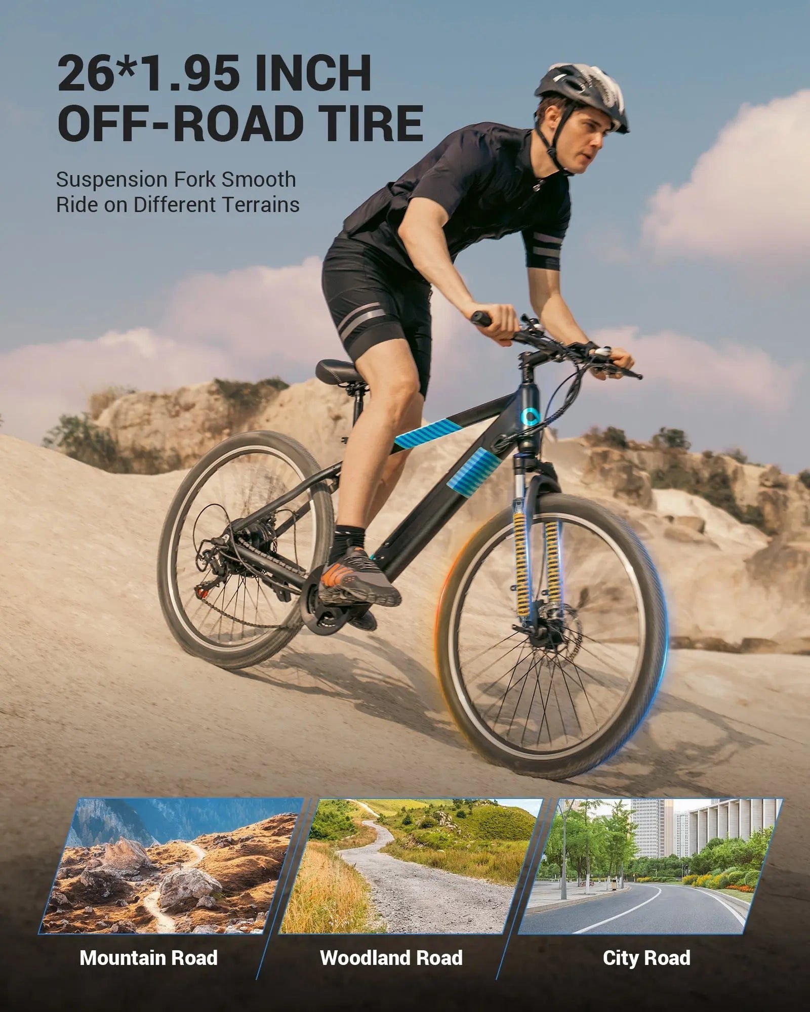 EB262 electric mountain bike on off-road tires with a suspension fork