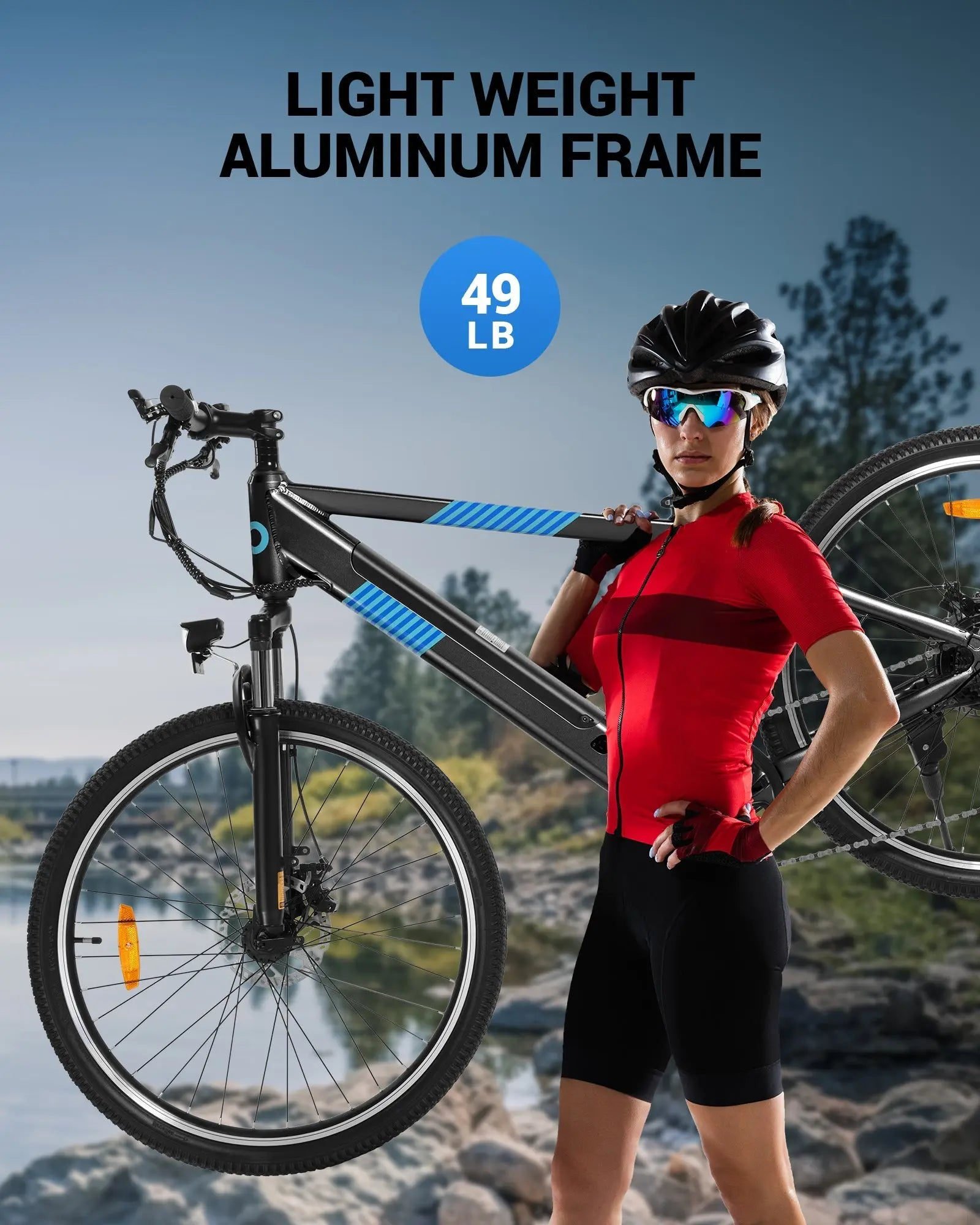Rider carrying the aluminum frame on one shoulder