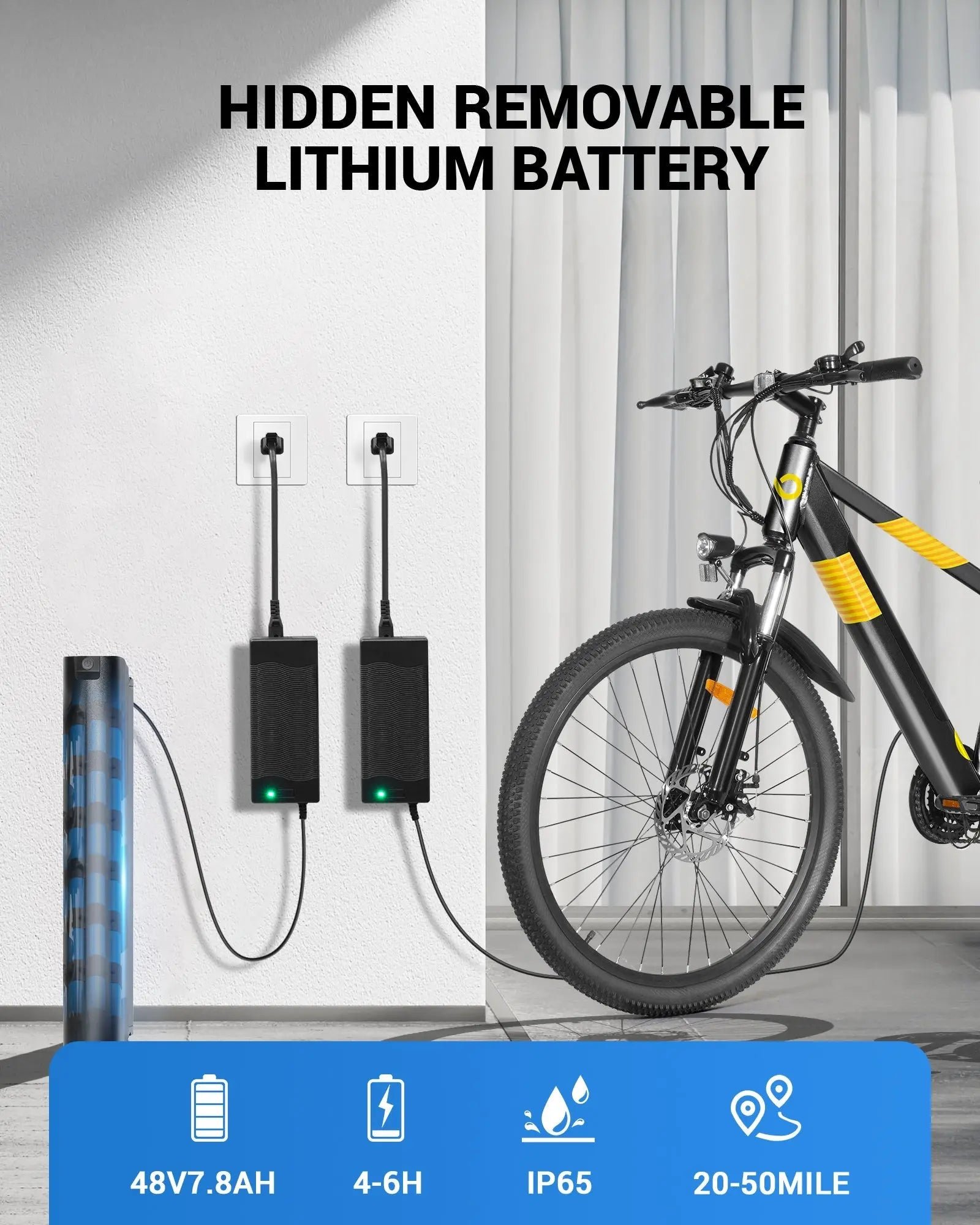 Battery on its charger next to the bike