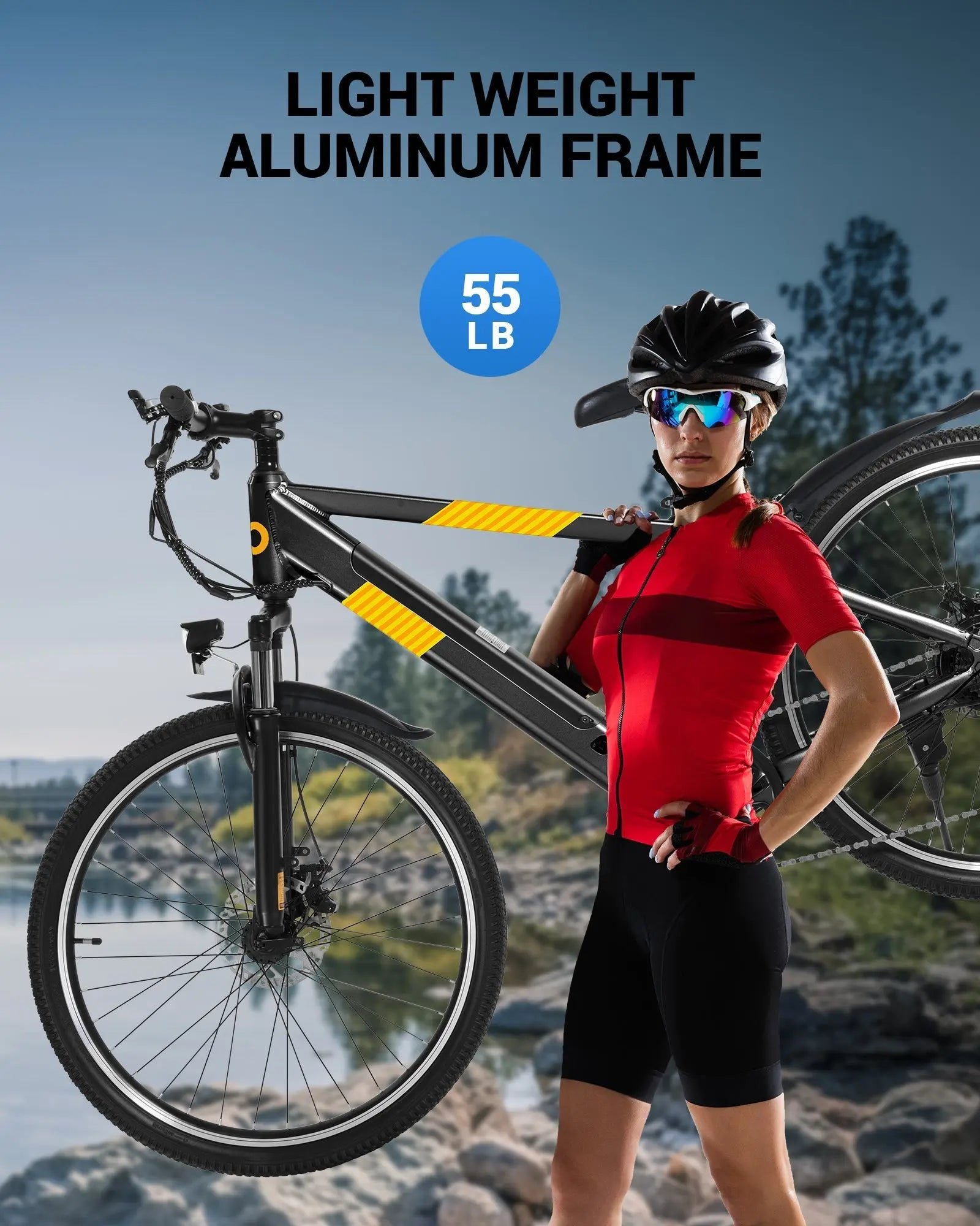 Rider holding the aluminum frame over one shoulder