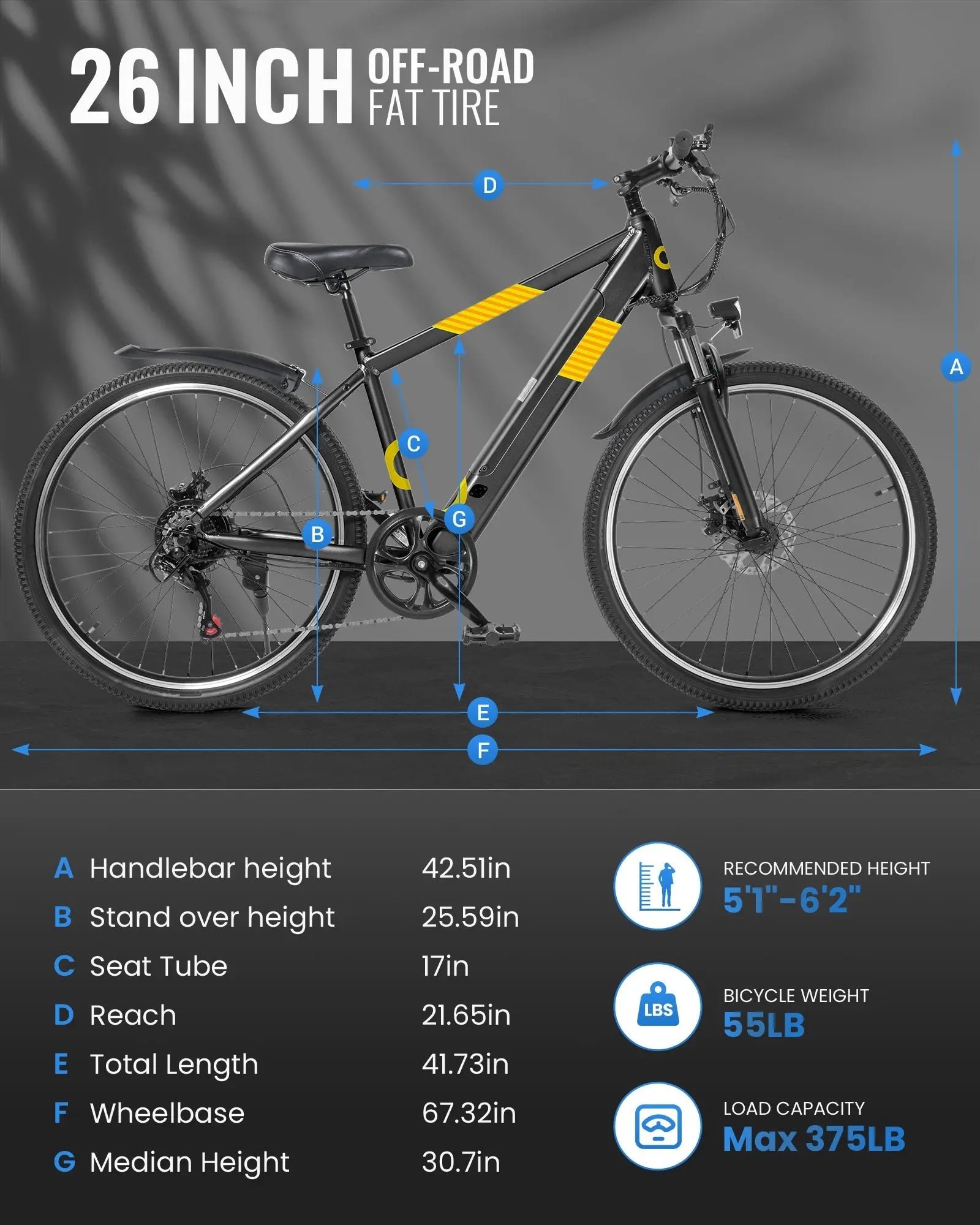 Size diagram of the electric bike with fenders