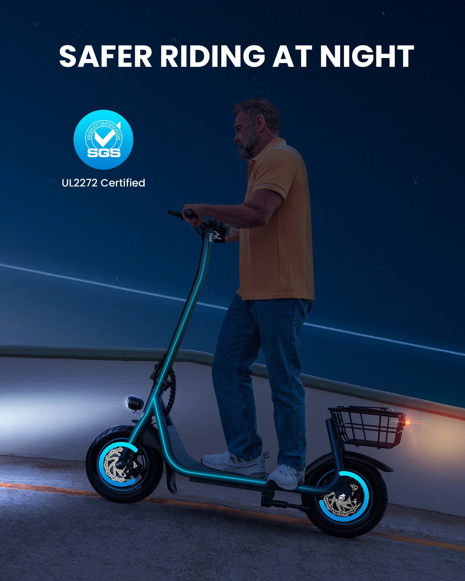 Gyroor X2 scooter at night with the headlight on