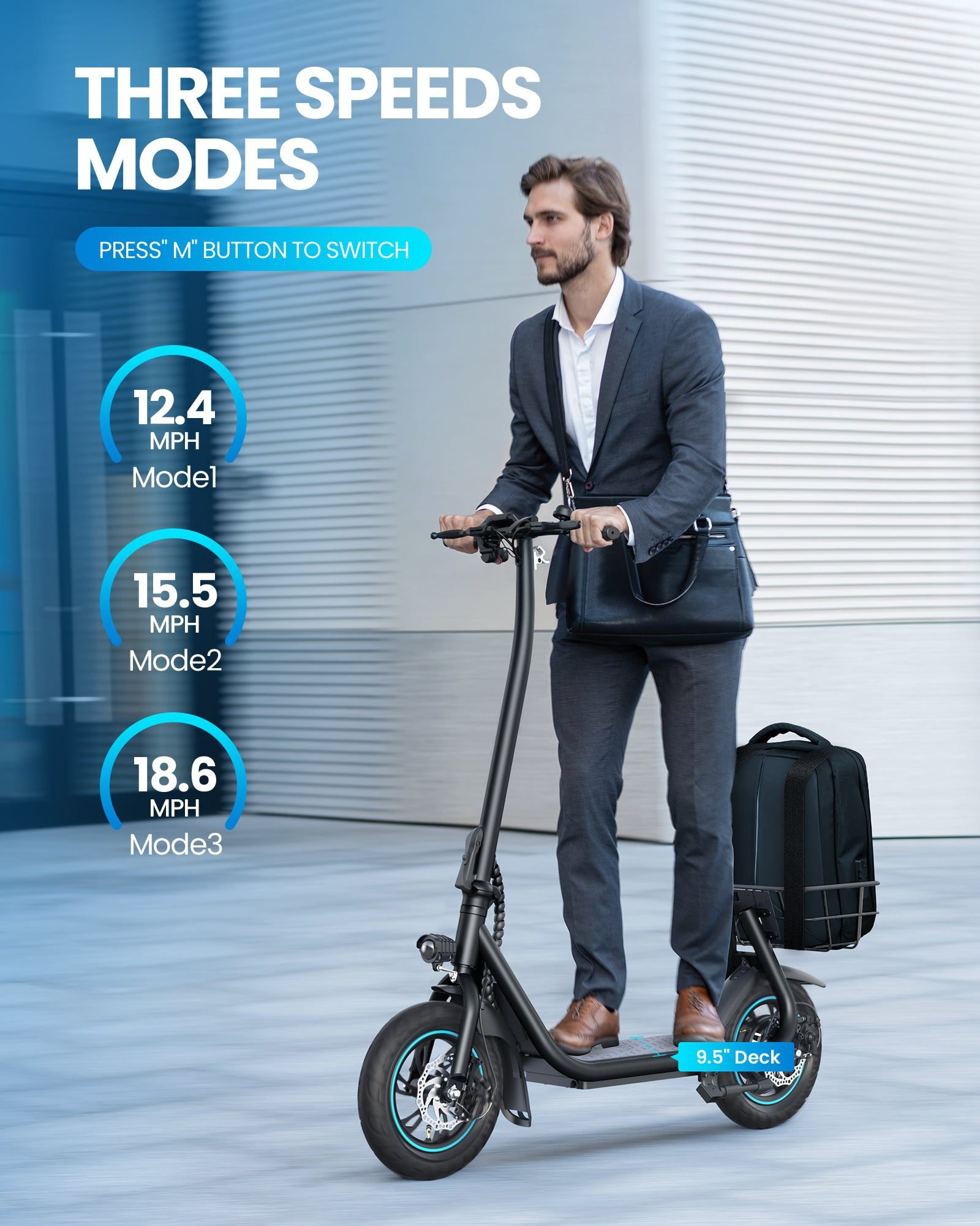 Commuter in a suit riding with a bag in the basket