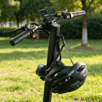 Helmet hanging from an electric scooter handlebar