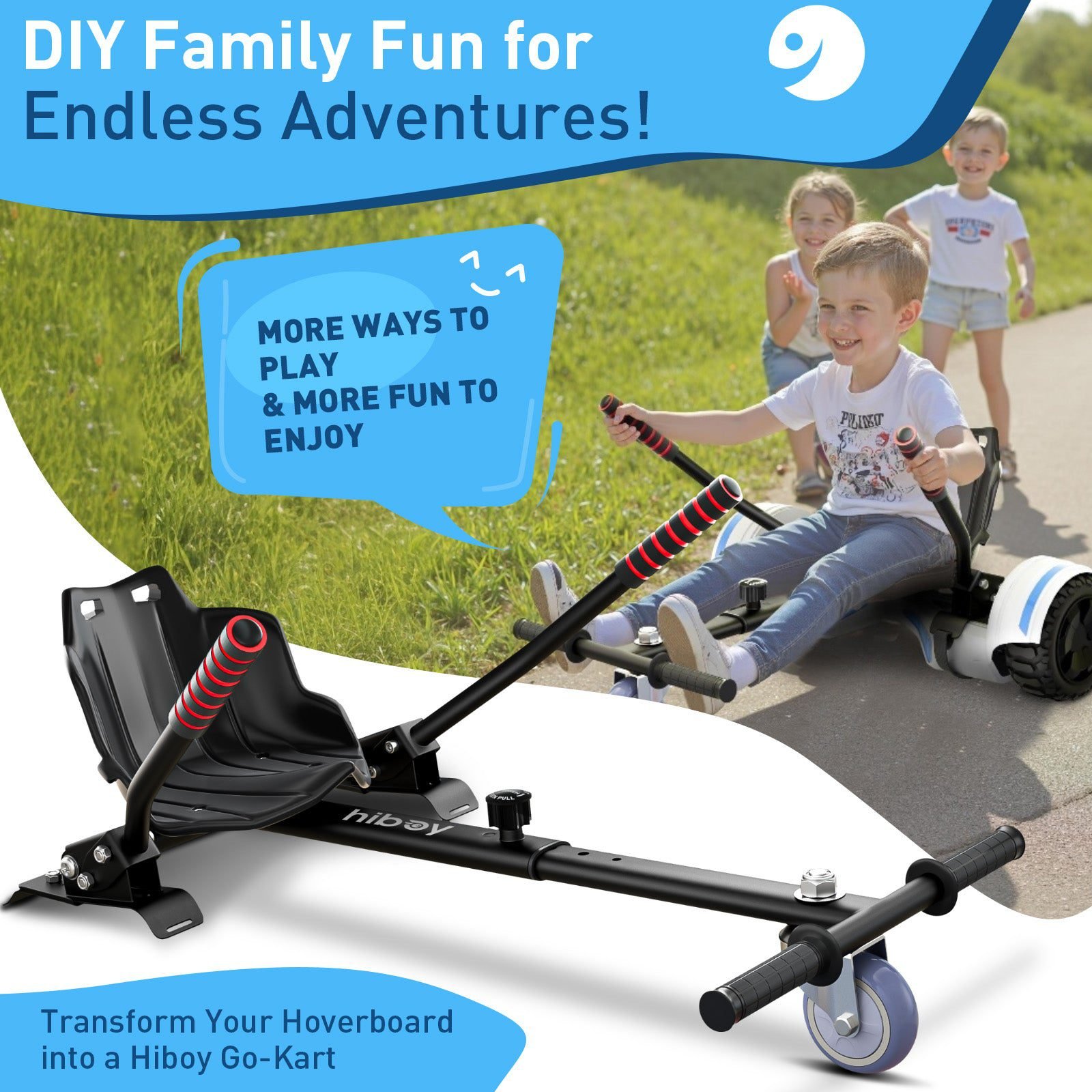 Kids riding a hoverboard go-kart built with the Hiboy HC-01 Hoverboard Seat Attachment