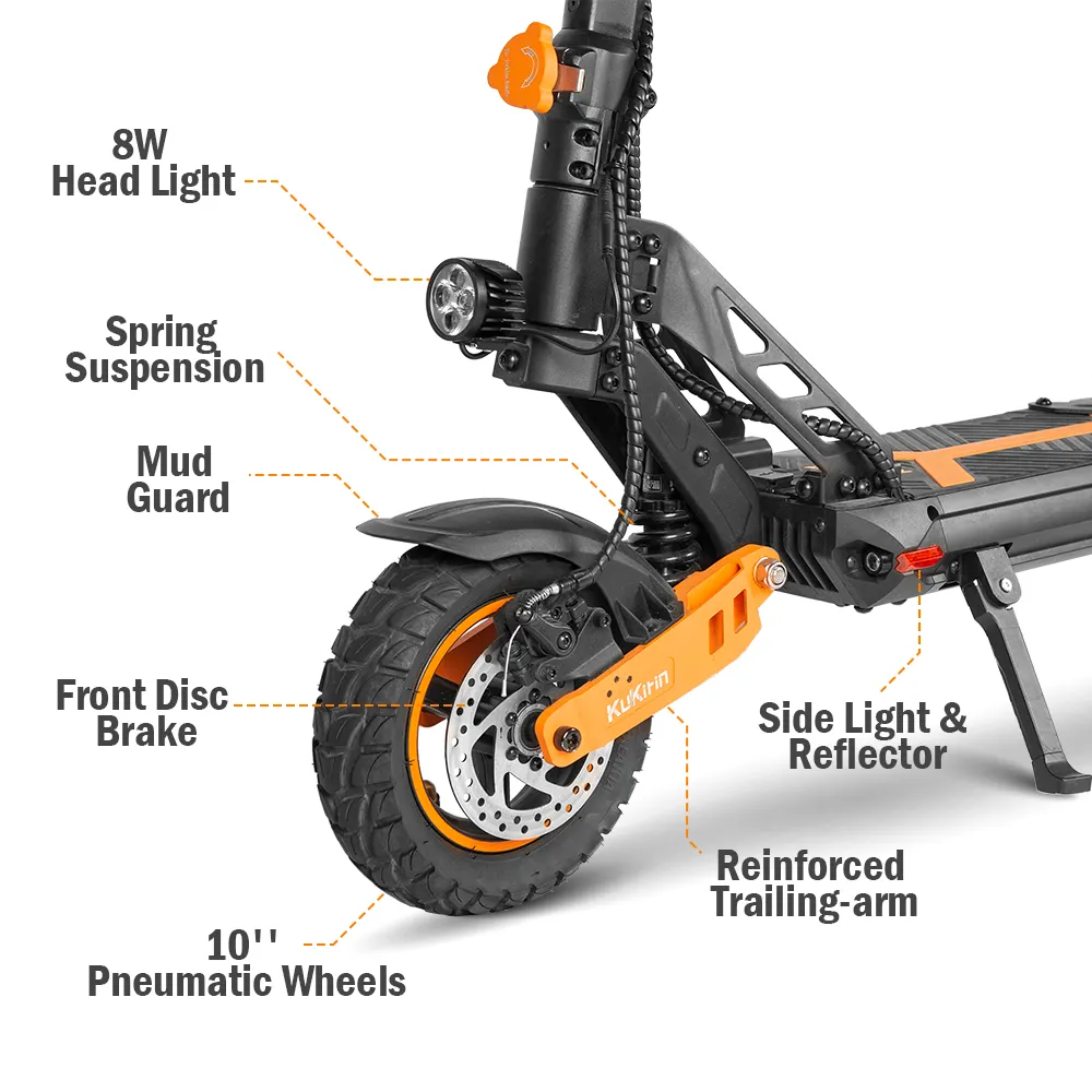 G2 Max front end: headlight, spring suspension and front disc brake
