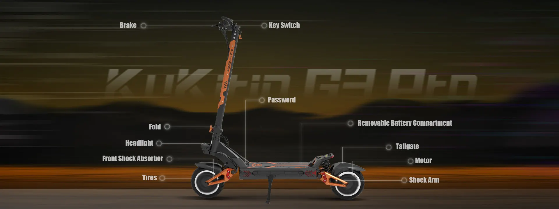 KUKIRIN G3 Pro electric scooter with its main parts labeled