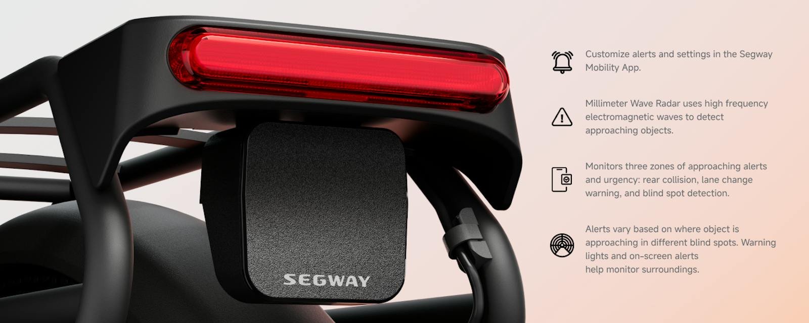 Segway electric bike rearview radar alert zones