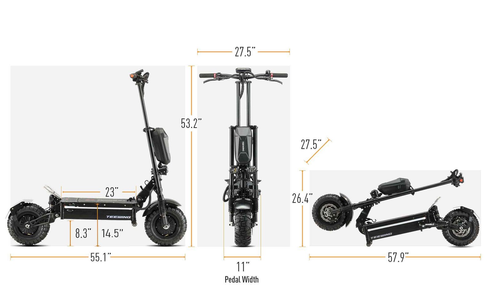 Teewing Z4 Pro 8000W Dual Motor Electric Scooter dimensions diagram